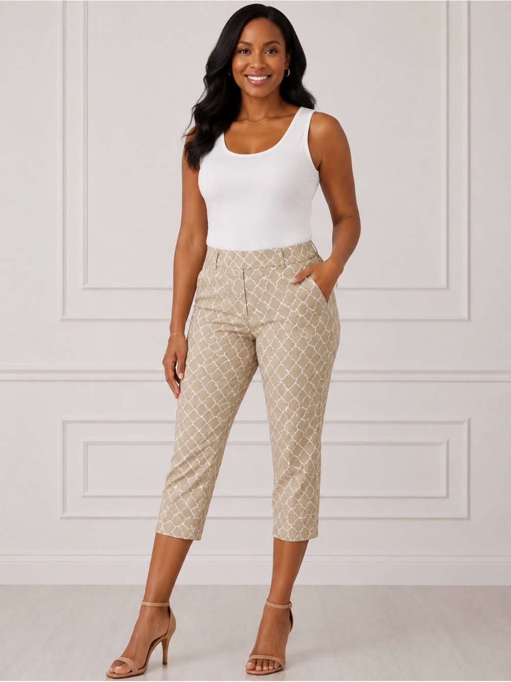 Ann Taylor Printed Capri Pants in Beige - Women's Styled Cropped Pants, Zipper,